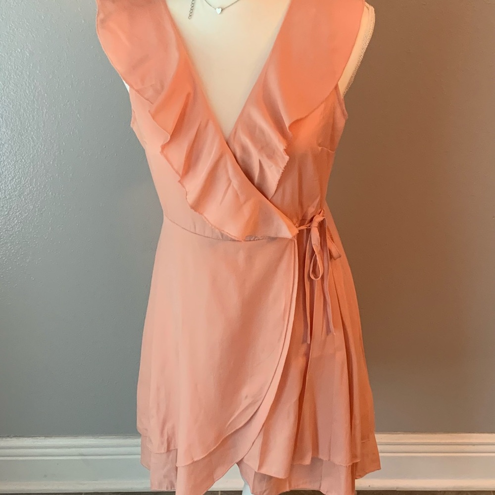 Coral Ruffle V Neck Mini Wrap Dress Size Small